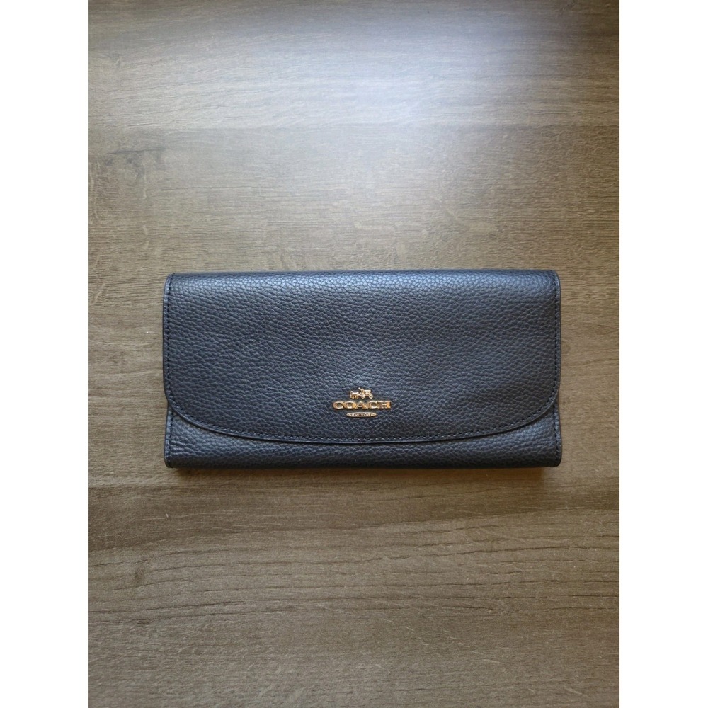 Coach‎ Wallet Black Leather Pebbled Flap Snap Closure